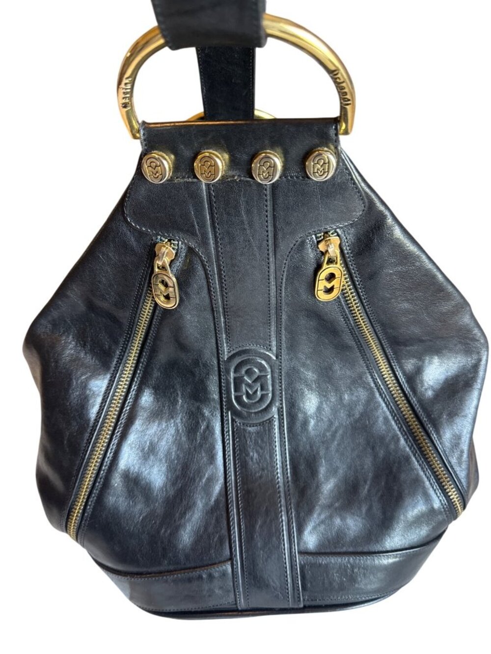 Marino Orlandi Black Leather Backpack with Gold Hardware